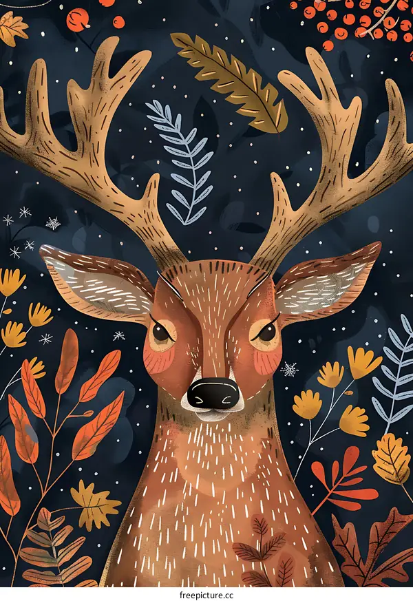 Illustrated Deer with Antlers in Forest Setting