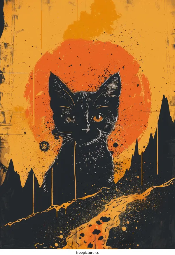 Black cat with yellow eyes and a red moon in the background