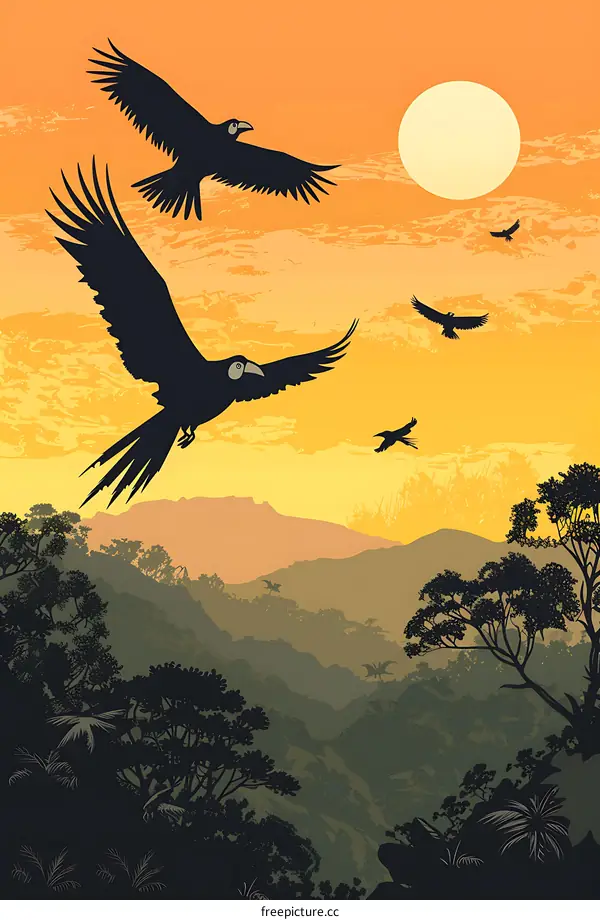 Silhouettes of Birds Flying Over a Mountain Landscape