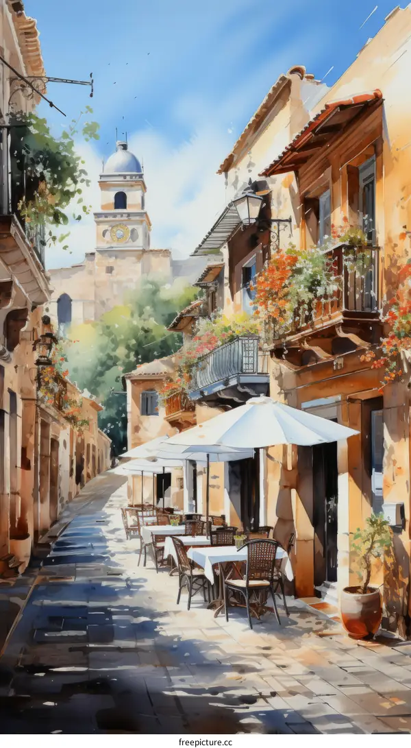 A beautiful European street with a clock tower