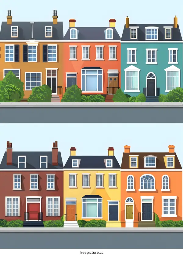 Row of Colorful Townhouses in Front of a Blue Sky
