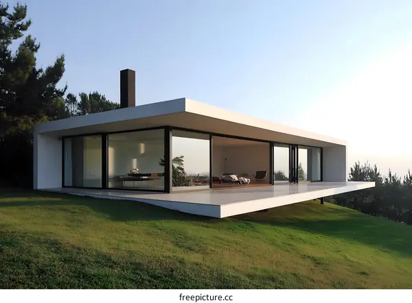 Modern House with Glass Walls and Deck Overlooking Green Grass
