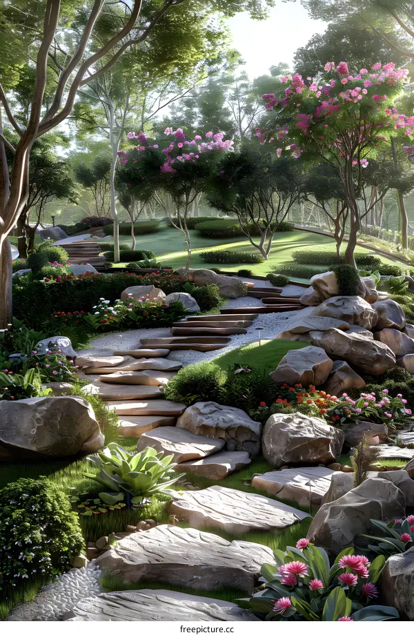 landscaped garden with stone steps and flowering trees