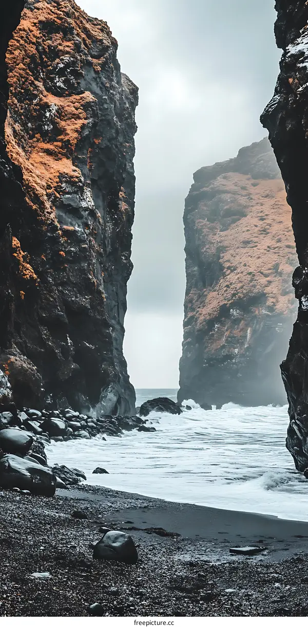Black Sand Beach with Cliffs and Waves in Iceland
