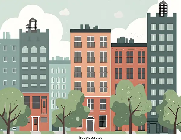 Cityscape with Colorful Buildings and Trees Illustration
