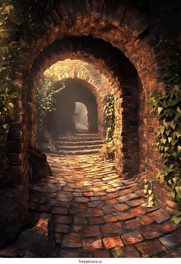 Stone Pathway Leading Through Ancient Brick Arches
