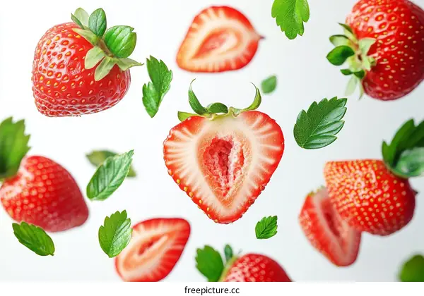 Fresh Strawberries in Motion against White Background