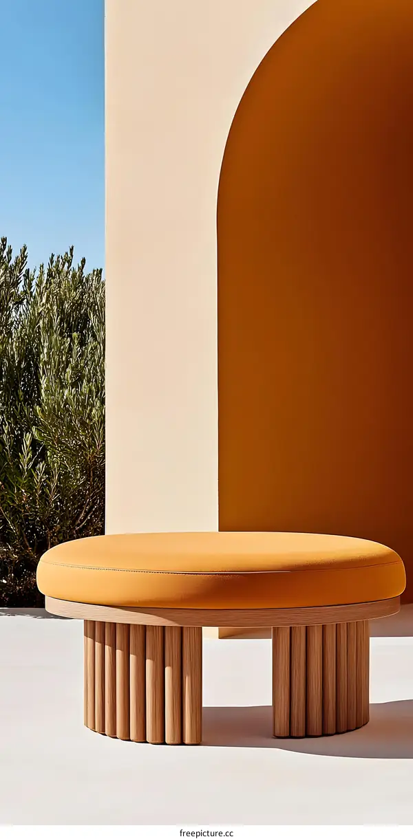 Modern Round Wooden Ottoman with Upholstered Seat
