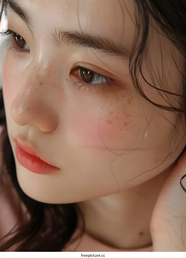 Close Up Portrait Of Beautiful Woman With Freckles