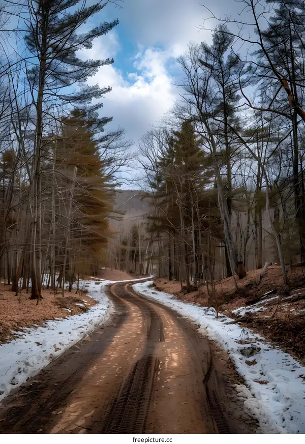 Snowy Dirt Road through the Woods