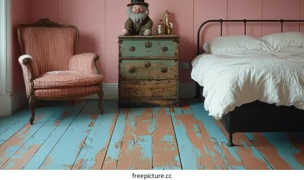 Vintage Bedroom Interior with Distressed Wooden Floor