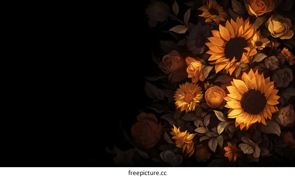 A bouquet of sunflowers and roses on a black background