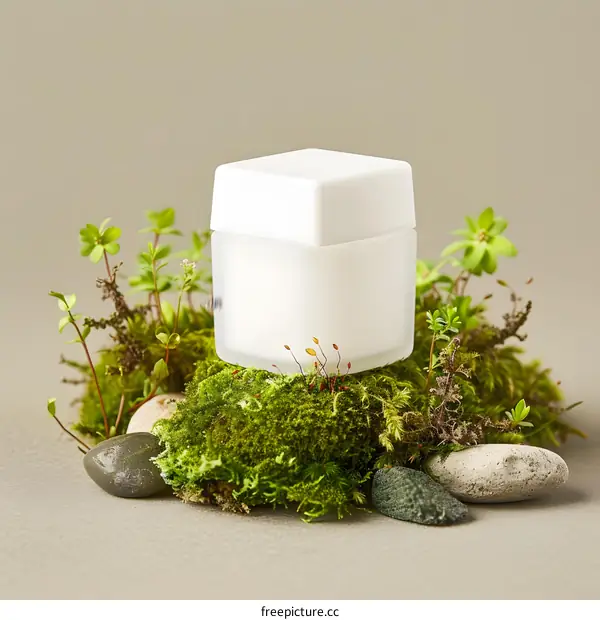 White Cream Jar on Green Moss and Stones