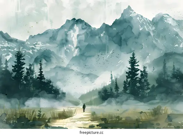 Watercolor Painting of a Man Walking Through a Foggy Forest with Mountains in the Background