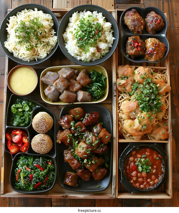 A delicious and healthy meal with rice, noodles, and vegetables