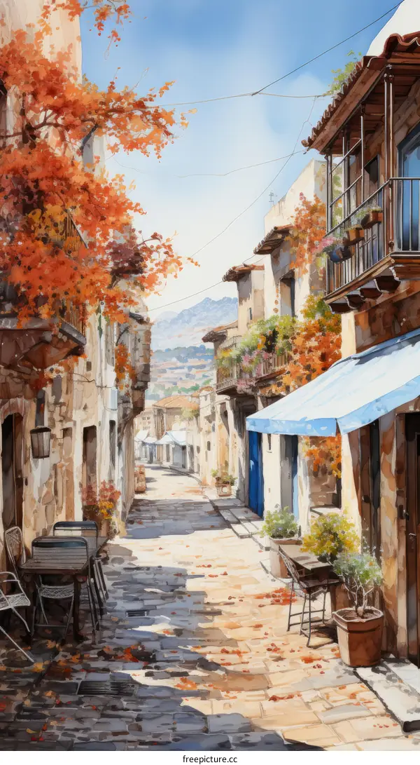 A narrow street with a blue sky and a tree with red leaves