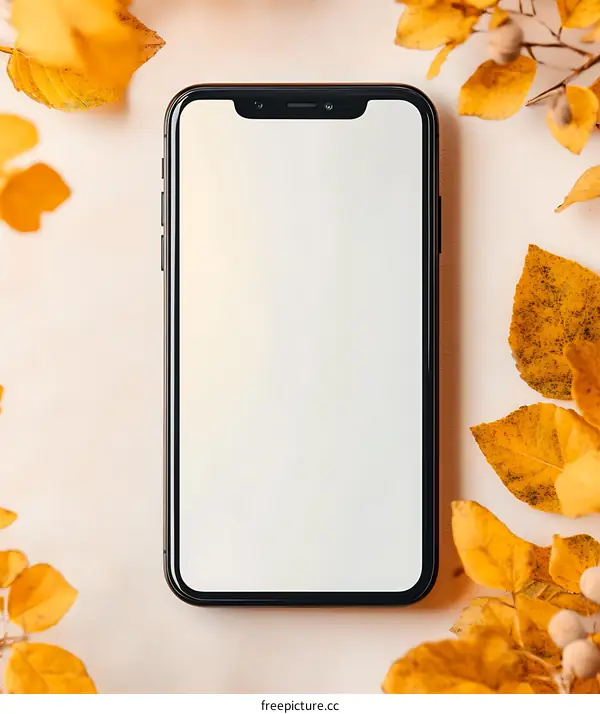 Black Smartphone With White Screen Surrounded By Autumn Leaves