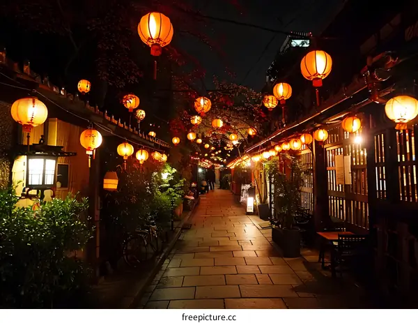 Gion at night with lit red paper lanterns