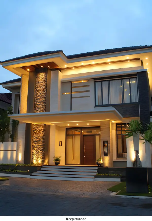 Modern House with Stone Wall and Front Door