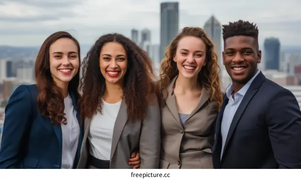 Multiethnic group of business professionals smiling happily at the camera