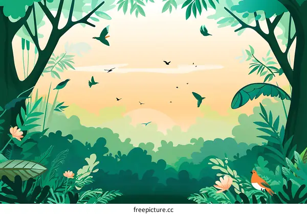 Jungle Landscape With Flying Birds and Flowers Illustration