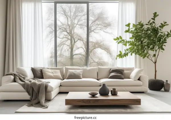Modern living room interior with large windows and a comfortable sofa