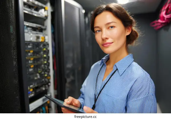 Female Technician Working in Server Room