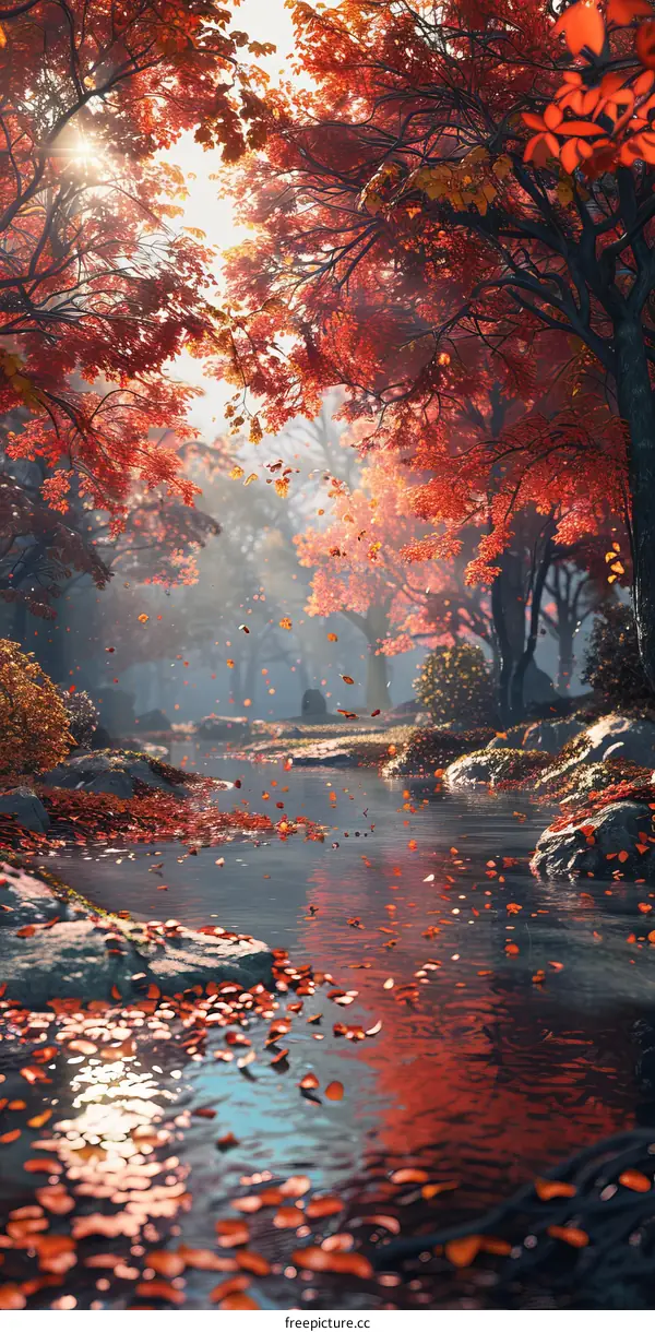 Tranquil Stream in a Vibrant Autumn Woodland