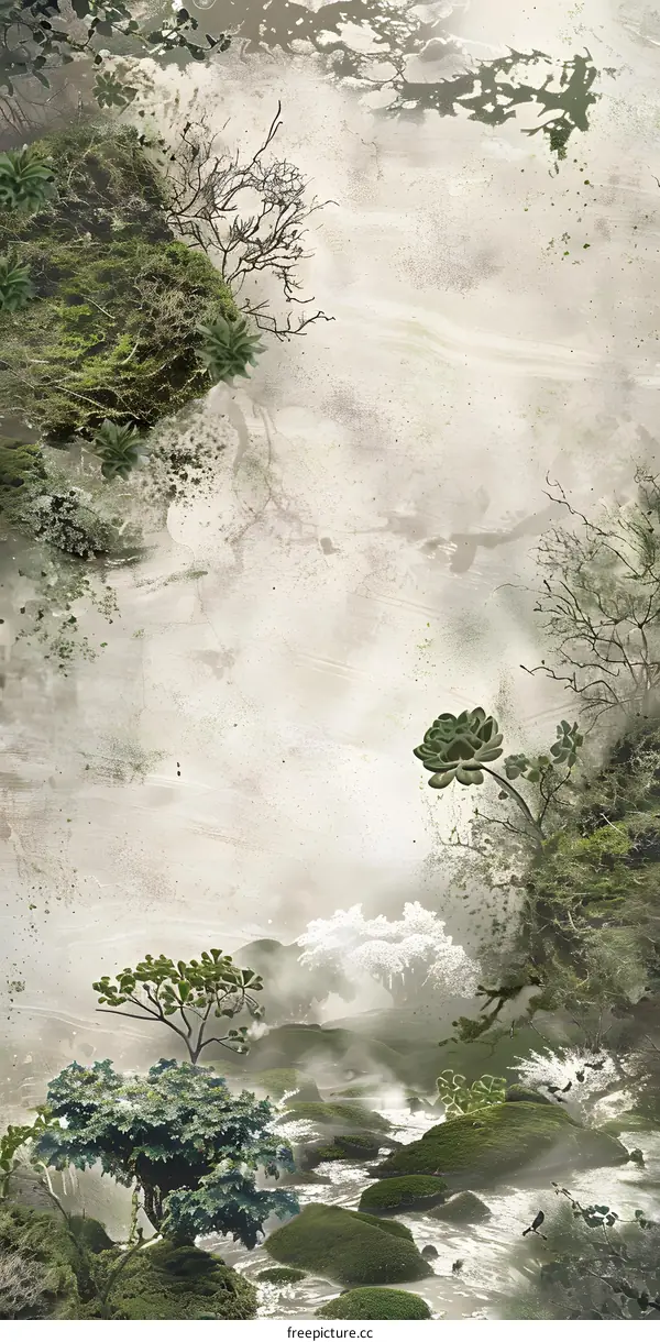 Abstract Green and White Landscape Illustration with  Water and Trees