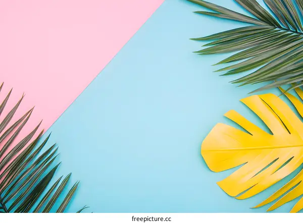 Tropical Leaves on Blue and Pink Background