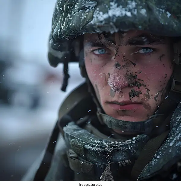 Portrait of a young soldier in the snow