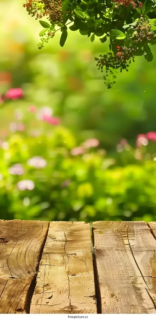 Wooden Table with Green Blurred Background