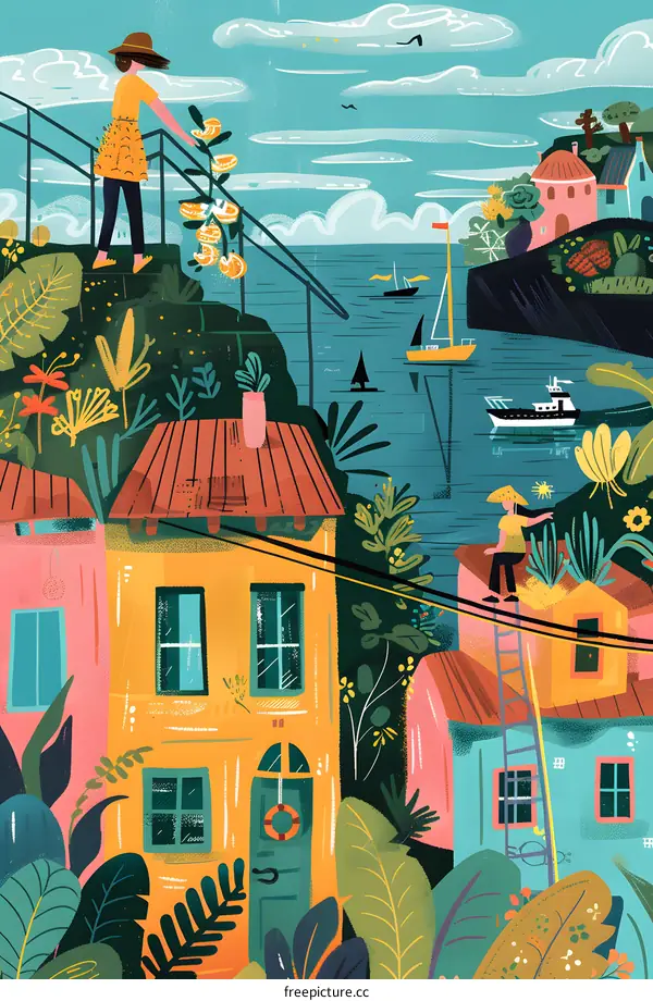 Colorful Houses With Boats and People in a Coastal Town Illustration