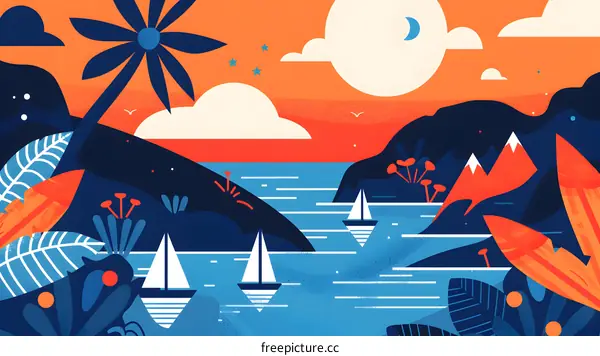 Tropical Sunset Landscape with Sailboats