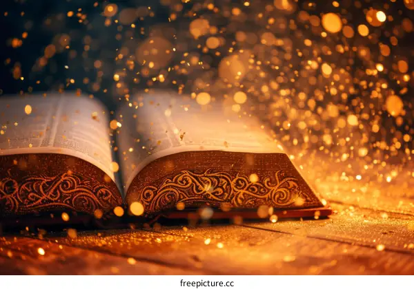 An open book with golden dust floating around it