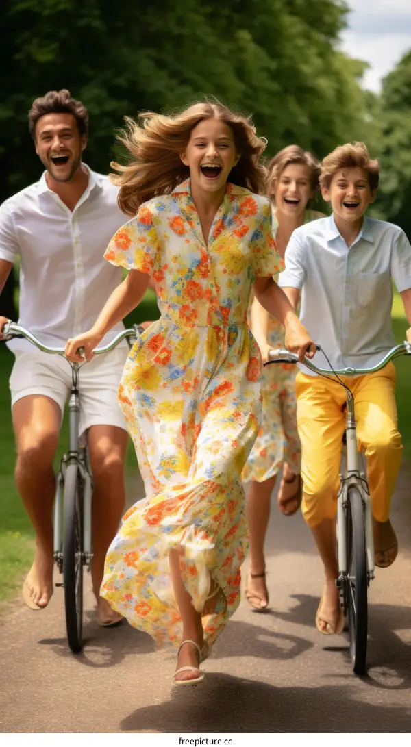Happy family of four riding bicycles together on a sunny day