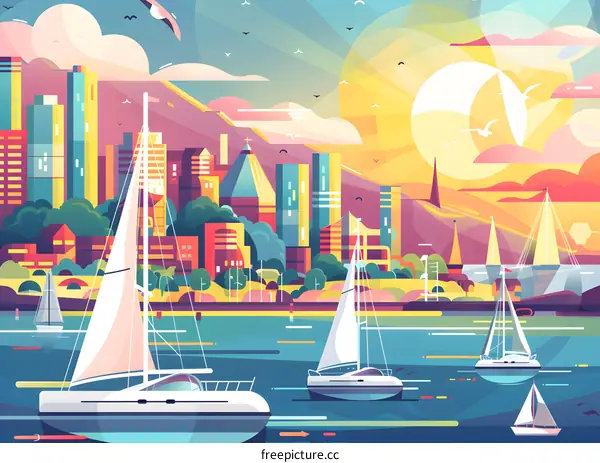 Sailboats in City Harbor Sunset Illustration