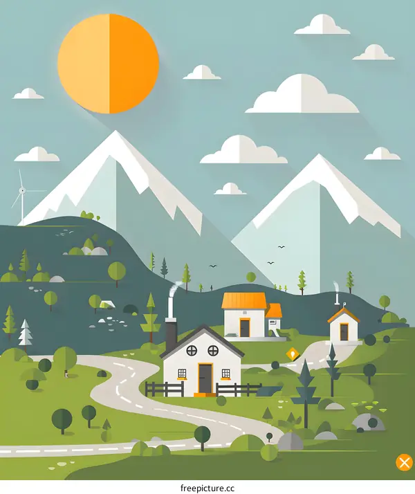 Flat Design Illustration Of Small Village In The Mountains