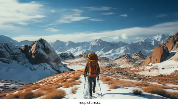 Man hiking alone in snow mountains with backpack