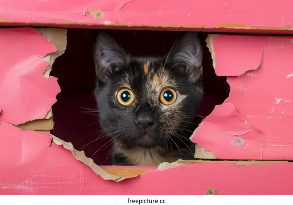 Curious cat peeks out of a hole in a pink wooden box