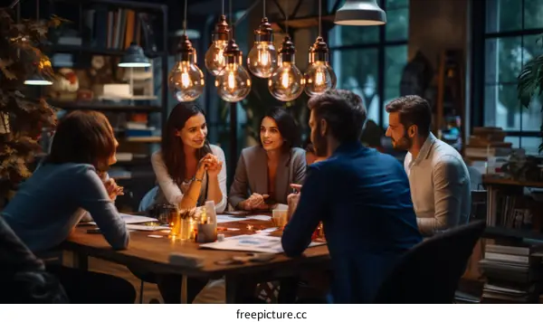 A group of people are sitting around a table having a discussion.