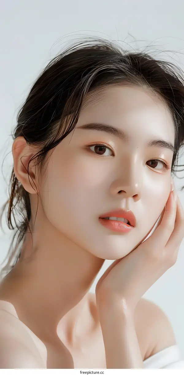 Beautiful Asian Woman with Long Black Hair and Soft Makeup