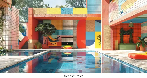 Courtyard with colorful tiled walls and swimming pool