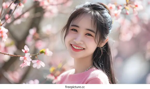 Smiling Asian Woman with Pink Blossoms in the Background