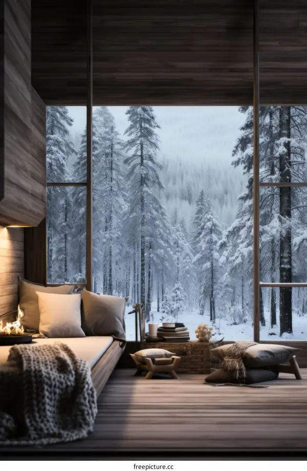 Cozy Cabin Living Room with Snowy Forest View