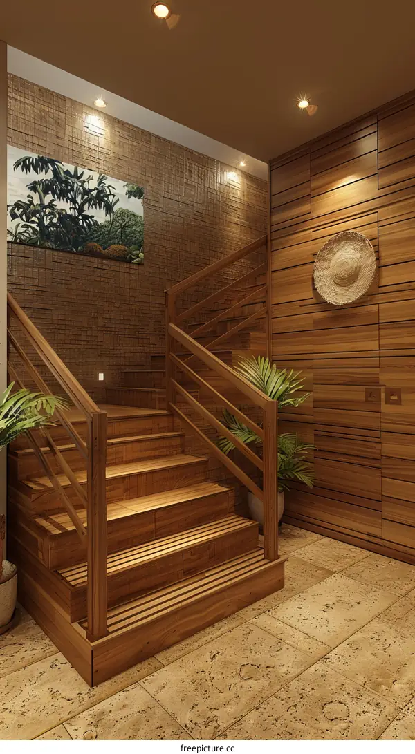 Staircase with wood handrails and steps with a painting on the wall