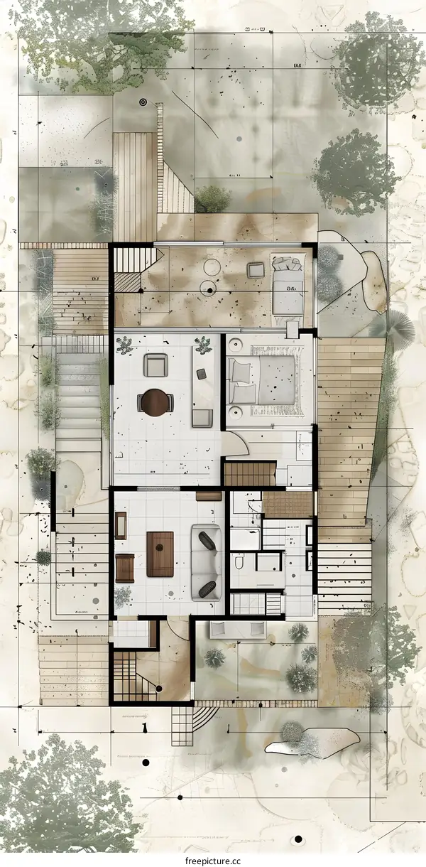 House Plan Design with Outdoor Patio and Landscaping