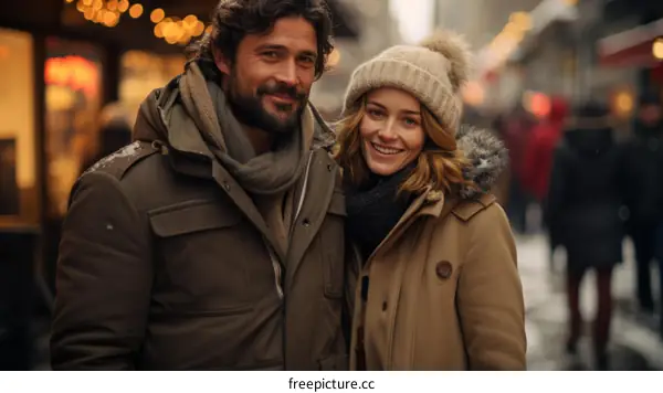 A happy couple is walking down a snowy street during the Christmas season.
