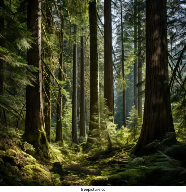 The sun shines through the tall trees in the lush green forest