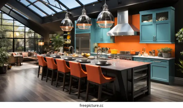 Modern kitchen with large island and orange accents